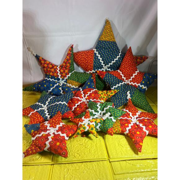 Vintage Christmas Hand Sewn Cloth Fabric Stuffed Star Ornaments Tree Set 11 - Picture 4 of 16